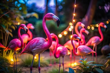 Obraz premium Pink Plastic Flamingo Lawn Ornaments in Low Light - Nighttime Garden Decor