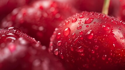 Fresh red cherries glistening with water droplets, showcasing their vibrant color and juicy texture.
