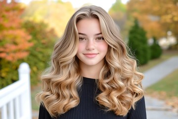 Naklejka premium Stunning blonde to caramel balayage in urban salon creative angle showcase