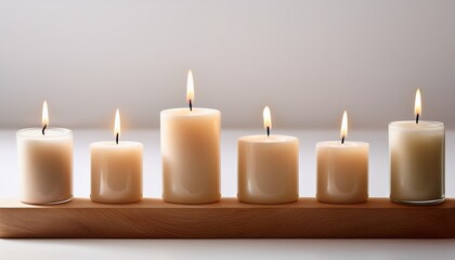 row of burning candles with soft flames creating a warm ambiance against a white backdrop