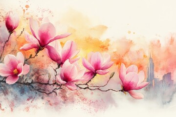 Magnolia Blossoms Cityscape Watercolor - Delicate pink magnolia blossoms on a branch, set against a soft watercolor cityscape background