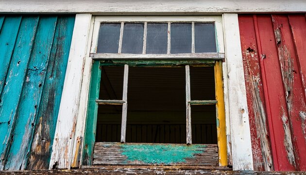 abandoned house window showcasing deterioration with colorful wooden planks and a white iron fence highlighting urban decay and character