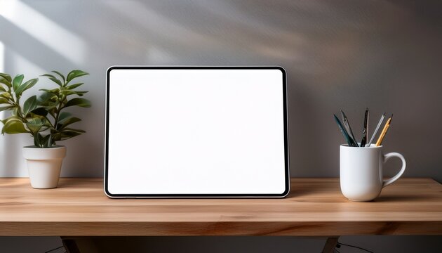 a mockup closeup of a white tablet screen on a wooden desk with a minimalist workspace background ready for displaying app interfaces or images