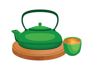 Green asian teapot and teacup on a wooden board vector illustration. Tea drink, teapot and cup icon set isolated on a white background. Traditional asian teapot set drawing