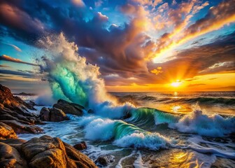 Fototapeta premium Powerful Ocean Waves Crashing on Rocky Shore - Dramatic Seascape Background