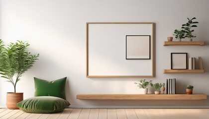a photo of an empty white wall with wooden picture frames and shelves a green cushion on the floor beside it and plants in pots above the shelf the background is a plain white