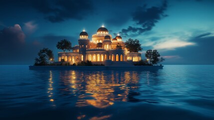 Mysterious illuminated castle reflects in waters near a rocky shore at dusk in a serene landscape