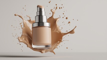 An ultra-luxe airless foundation pump bottle, suspended in mid-air with splashes of liquid foundation artistically frozen in motion, premium beauty campaign concept