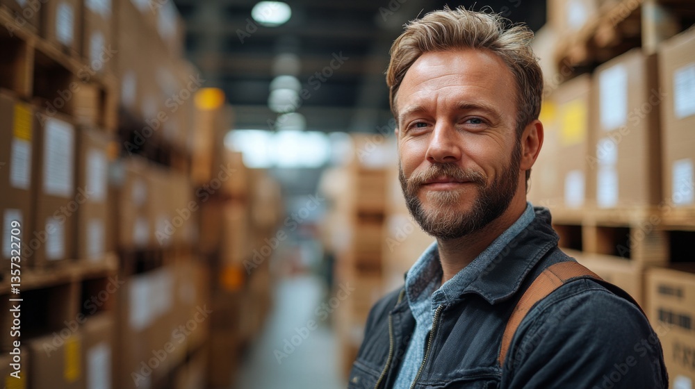 Aufkleber a warehouse manager is smiling while standing between tall shelves filled with boxes in a bustling l