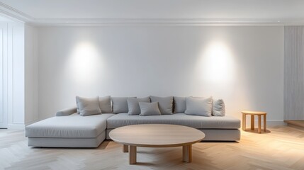 A cozy, minimalist living room with a muted grey sofa and a round wooden coffee table, placed on a light parquet floor