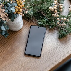 Smartphone on wooden table, festive decor, winter scene, holiday background, website mockup