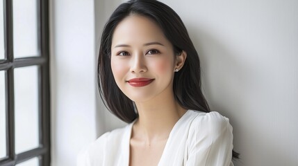 serene portrait of woman with soft smile natural makeup and elegant dark hair peaceful