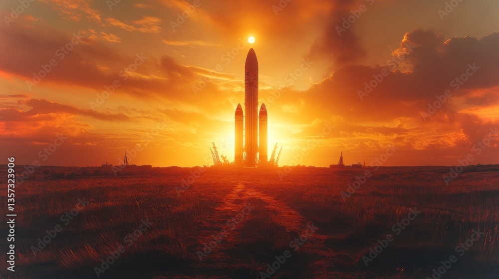 Poster a powerful rocket stands poised for launch as the sun sets dramatically behind it, illuminating the 