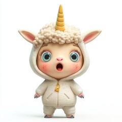 Fototapeta premium Cute Surprised Creature in Unicorn Costume with Big Eyes Expressing Joyful Emotion