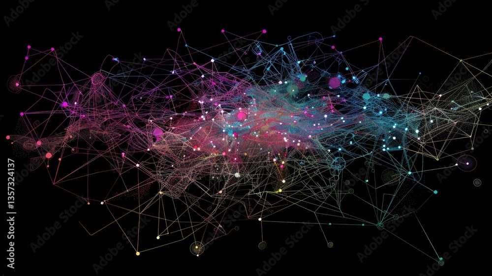 Poster abstract digital network with interconnected nodes and lines on a black background. glowing vibrant 