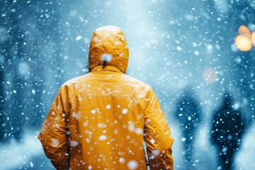 Person walking with bright yellow jacket against swirling snow squall backdrop