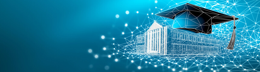 digital illustration featuring graduation cap and university building, symbolizing education and achievement. blue background enhances modern and technological feel of image, evoking sense