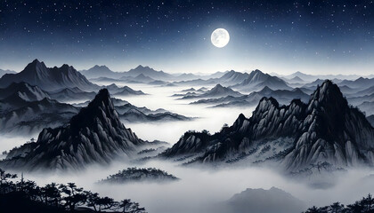Mysterious Moonlit Mountains in a Sea of Mist

