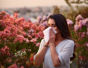 Obraz premium Young woman blowing her nose in a flower garden. Allergy concept. Generated image