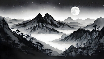 Serene Misty Mountains Under a Starry Night

