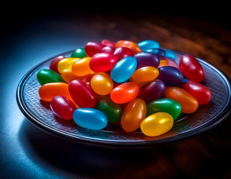 vibrant jelly beans glow in low light photography a delicious colorful candy plate for nighttime cravings