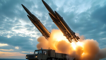 Obraz premium A military vehicle launching multiple missiles against a dramatic sky, symbolizing power and advanced weaponry in modern defense.