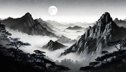 Mystical Foggy Mountains in Moonlight

