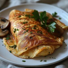Delicious Mushroom Omelette with Fluffy Eggs and Fresh Herbs Garnish - Exquisite Gourmet Brunch Option