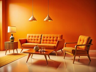 Retro 60s Mid-Century Modern Furniture Set: Orange Sofa, Armchair & Coffee Table