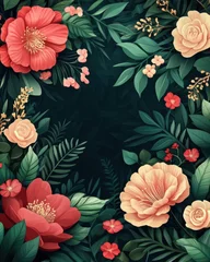 Gordijnen Lush Floral Arrangement with Vibrant Red and Peach Blossoms Amidst Verdant Foliage in a Dark Moody Setting © DriftPixels