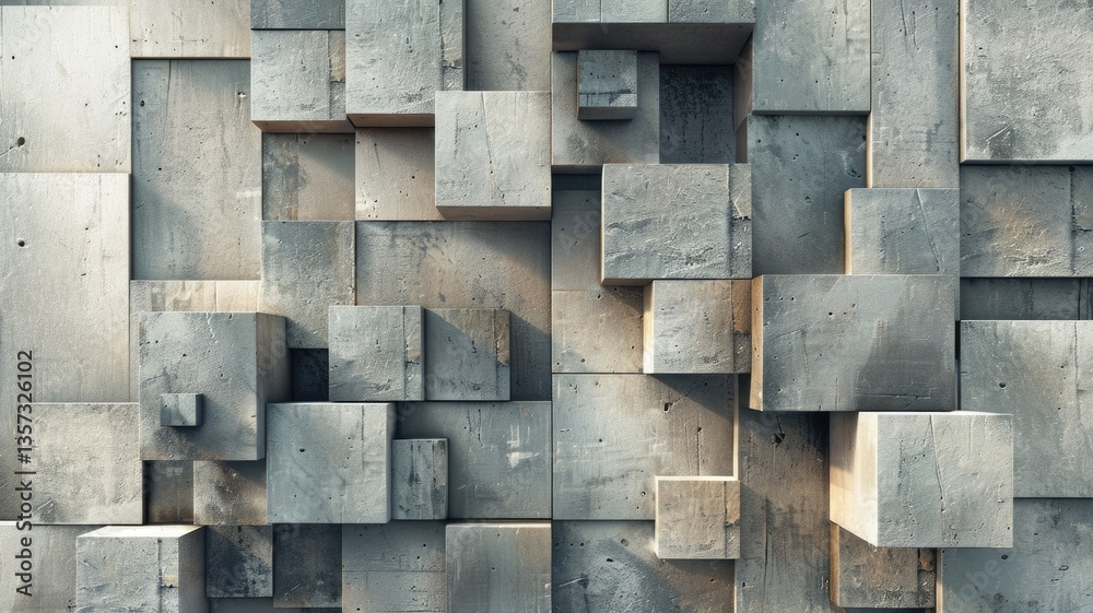 Poster abstract metallic geometric blocks in grey and gold. abstract artwork of 3d rendering art with geome