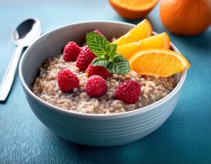 healthy breakfast of oatmeal with raspberries orange slices and mint leaves