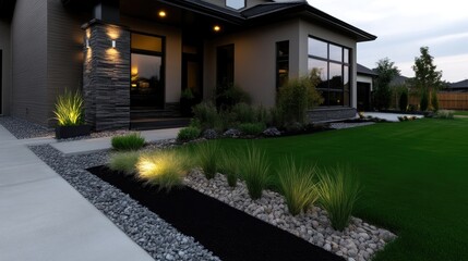 Obraz premium Modern home exterior landscaping at twilight. Landscaped walkway, low-maintenance garden beds, and pathway lighting enhance the curb appeal