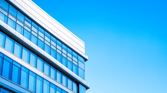 Modern office building with curved architecture against a clear blue sky, showcasing urban design