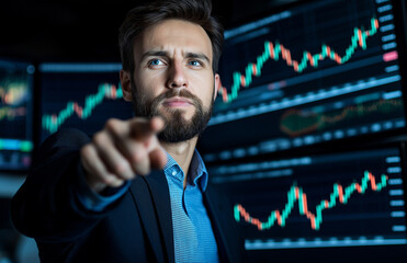 stock market professional confidently points financial charts displayed multiple screens, showcasing his expertise trading and analysis. atmosphere is dynamic and focused, reflecting intensity