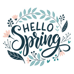 Obraz premium Hello Spring. Hand drawn lettering with floral elements. Vector illustration.