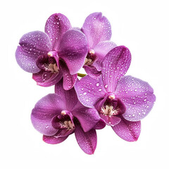 Obraz premium A cluster of vibrant purple orchids adorned with droplets of water, showcasing their intricate petals and natural beauty.