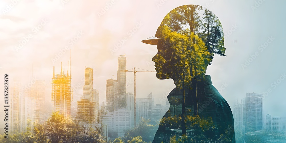 Poster engineer silhouette with urban and nature elements in background