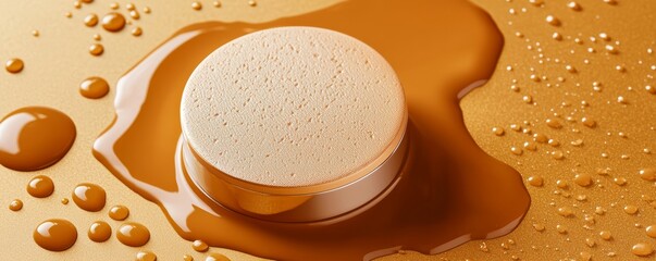A stylish foundation compact placed on a reflective gold surface, softly surrounded by fluid foundation textures