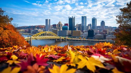Autumn view of city skyline featuring river and bridge, surrounded by vibrant fall foliage. scene captures beauty of nature and urban life harmoniously