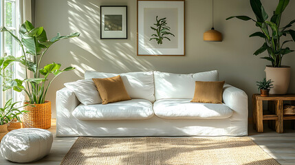 Elegant and inviting modern home setup featuring a plush white sofa, neutral decor elements, stylish wooden furniture, fresh plants and warm sunlight
