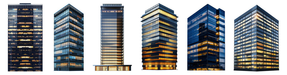 Collection set of Modern tall office building at night isolated on white and transparent background, cut out png