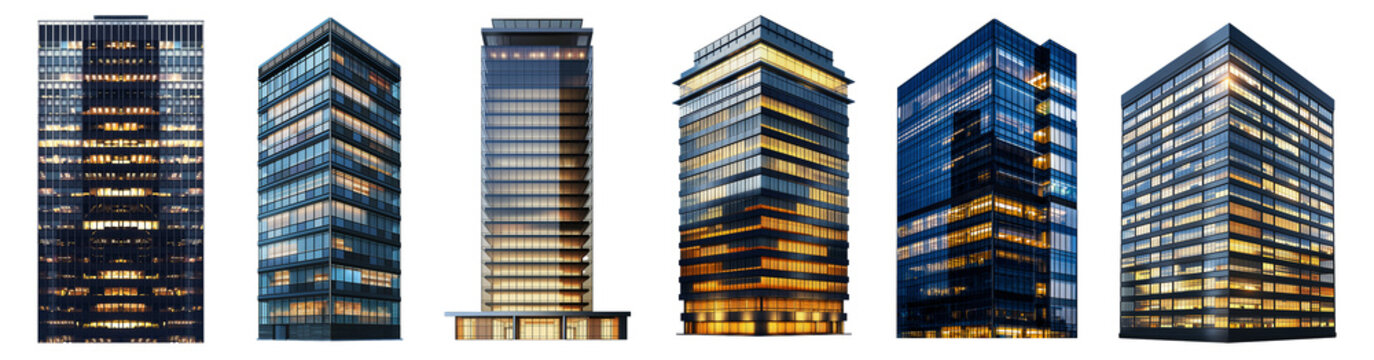 Collection set of Modern tall office building at night isolated on white and transparent background, cut out png