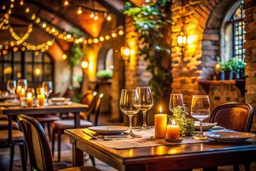 Romantic Italian Restaurant Interior, Bokeh Lights, Cozy Atmosphere, Warm Lighting, Fine Dining