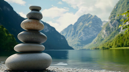 Stacked stones by tranquil lake, mountain backdrop