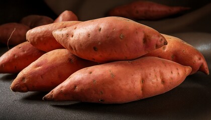 a pile of fresh sweet potatoes close up