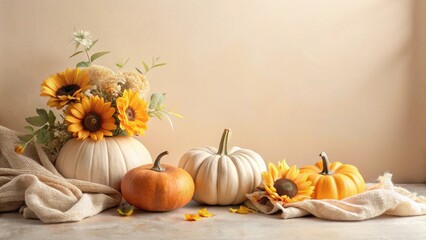 Autumnal Still Life with Pumpkins and Sunflowers in a Rustic Setting