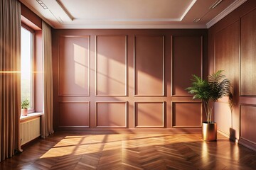 Obraz premium Rose Gold Wall, Minimalist Interior Design, Modern Home Decor, Elegant Room, Soft Light