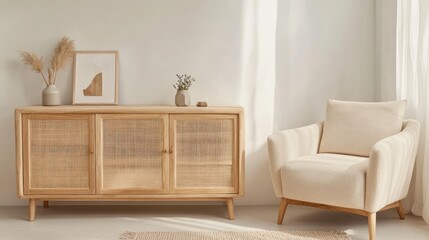 A cozy, Scandinavian-inspired interior with a rattan sideboard and a neutral beige armchair