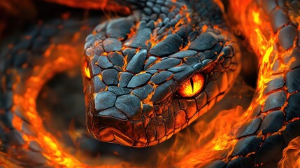 Close-up image of a snake with a dark, textured body featuring glowing orange patterns resembling lava.